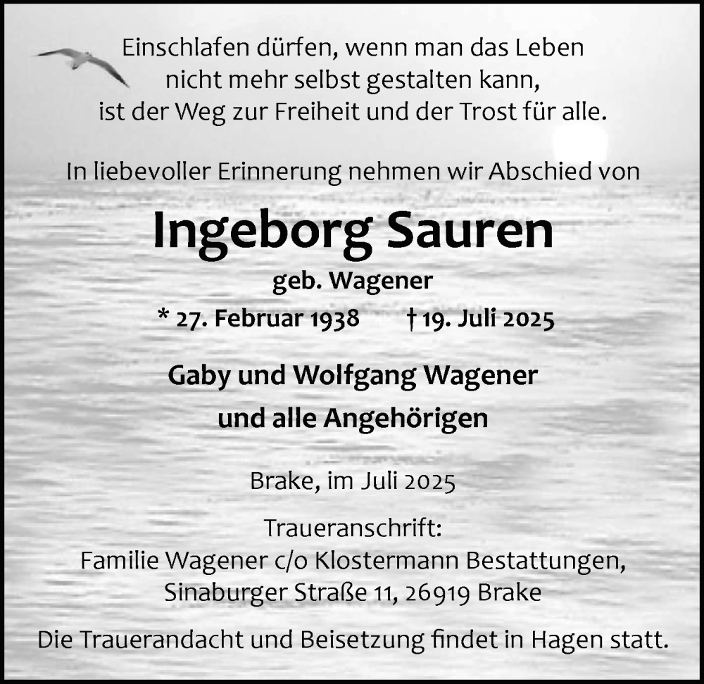  Traueranzeige für Ingeborg Sauren vom 26.07.2025 aus Nordwest-Zeitung