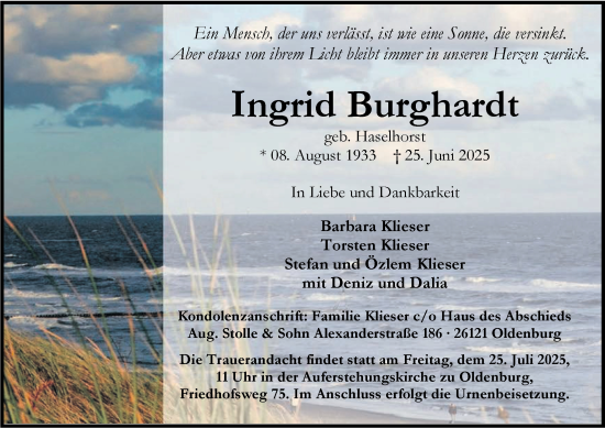 Traueranzeige von Ingrid Burghardt von Nordwest-Zeitung