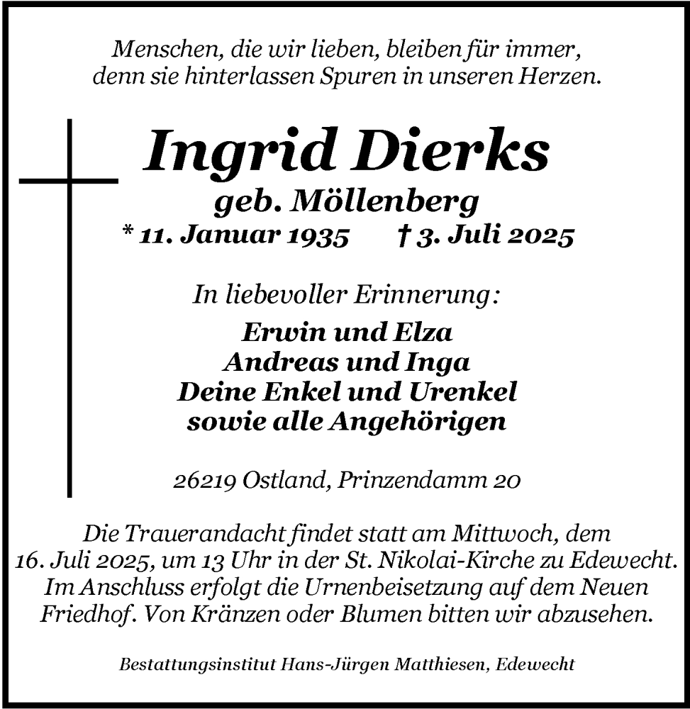 Traueranzeige für Ingrid Dierks vom 12.07.2025 aus Nordwest-Zeitung