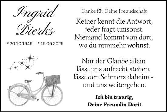 Traueranzeige von Ingrid Dierks von Nordwest-Zeitung
