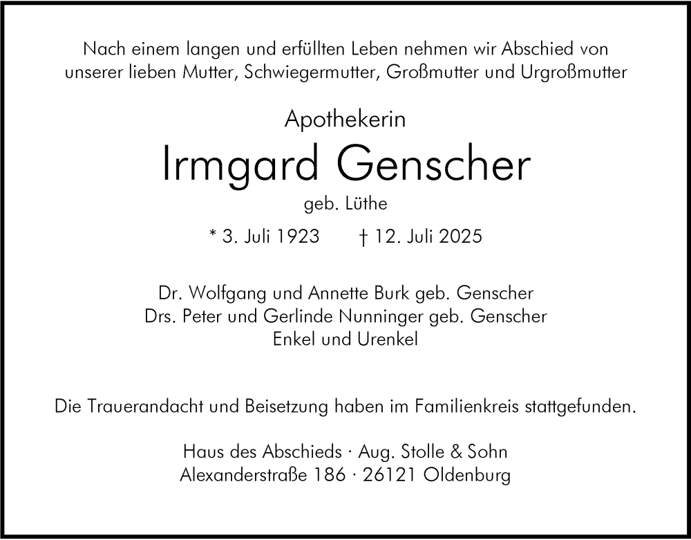  Traueranzeige für Irmgard Genscher vom 26.07.2025 aus Nordwest-Zeitung