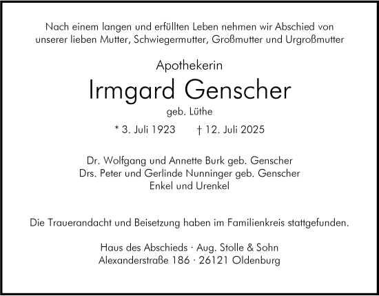 Traueranzeige von Irmgard Genscher von Nordwest-Zeitung