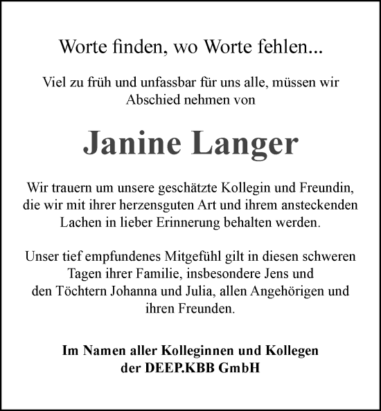 Traueranzeige von Janine Langer von Nordwest-Zeitung