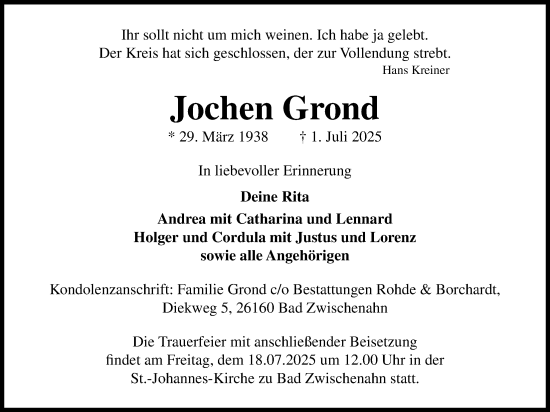 Traueranzeige von Jochen Grond von Nordwest-Zeitung