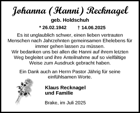 Traueranzeige von Johanna Recknagel von Nordwest-Zeitung