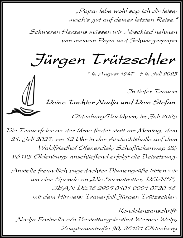  Traueranzeige für Jürgen Trützschler vom 12.07.2025 aus Nordwest-Zeitung