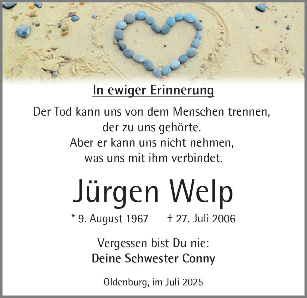  Traueranzeige für Jürgen Welp vom 26.07.2025 aus Nordwest-Zeitung