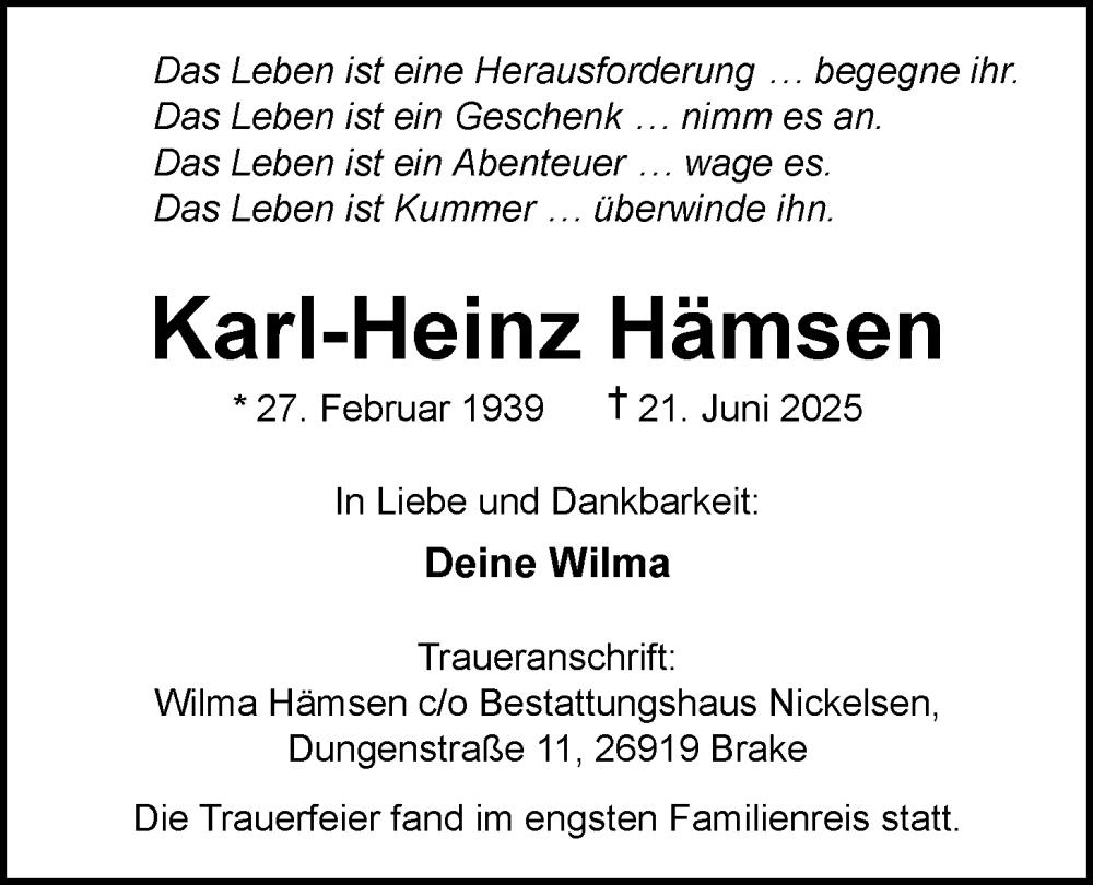  Traueranzeige für Karl-Heinz Hämsen vom 11.07.2025 aus Nordwest-Zeitung