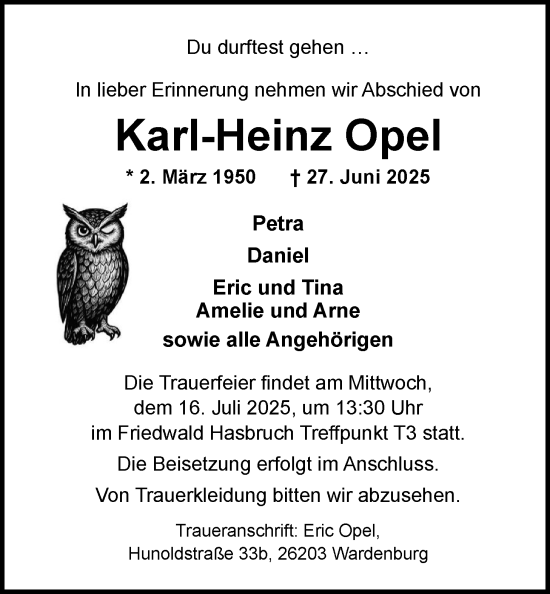 Traueranzeige von Karl-Heinz Opel von Nordwest-Zeitung