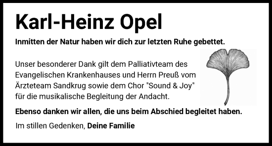 Traueranzeige von Karl-Heinz Opel von Nordwest-Zeitung