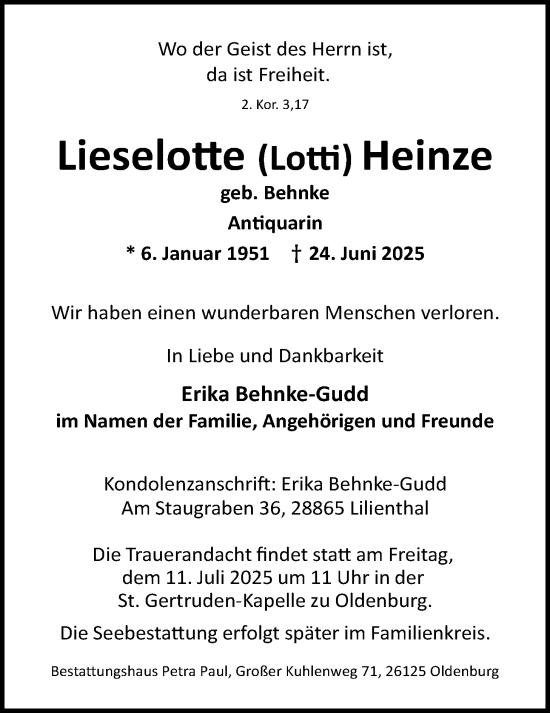 Traueranzeige von Lieselotte Heinze von Nordwest-Zeitung