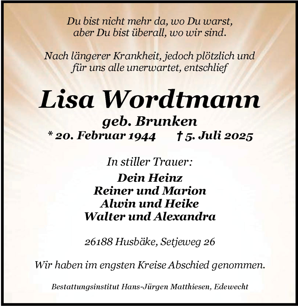  Traueranzeige für Lisa Wordtmann vom 19.07.2025 aus Nordwest-Zeitung