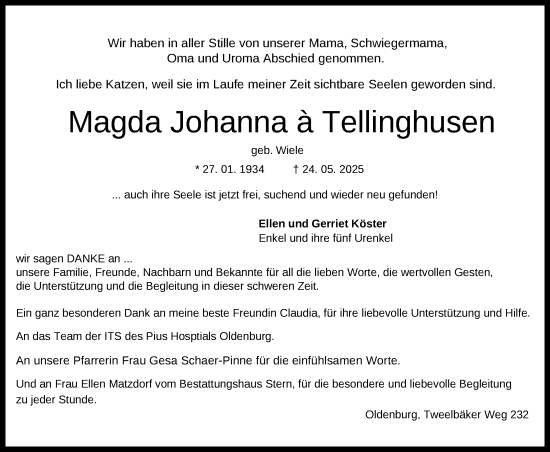 Traueranzeige von Magda Johanna a Tellinghusen von Nordwest-Zeitung
