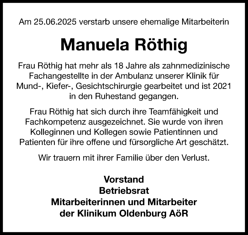  Traueranzeige für Manuela Röthig vom 11.07.2025 aus Nordwest-Zeitung