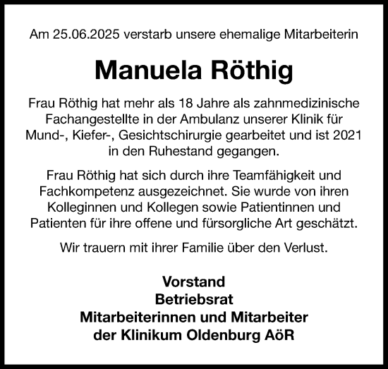 Traueranzeige von Manuela Röthig von Nordwest-Zeitung