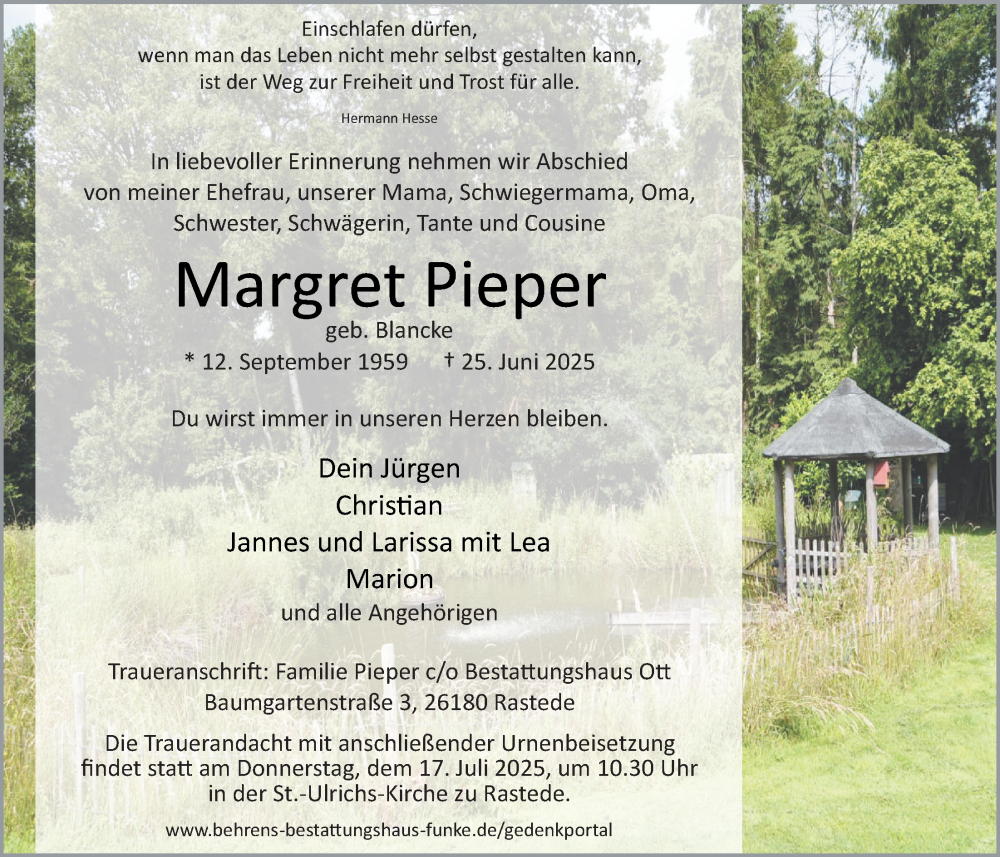  Traueranzeige für Margret Pieper vom 05.07.2025 aus Nordwest-Zeitung