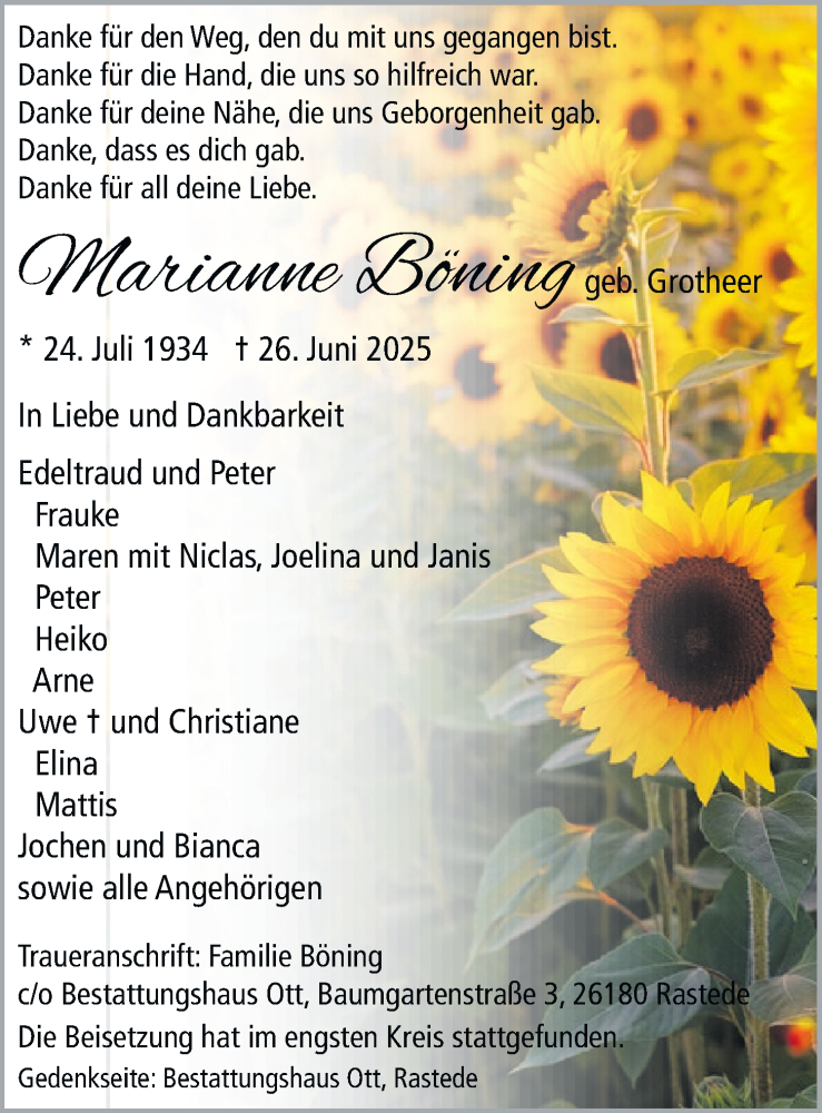  Traueranzeige für Marianne Böning vom 05.07.2025 aus Nordwest-Zeitung