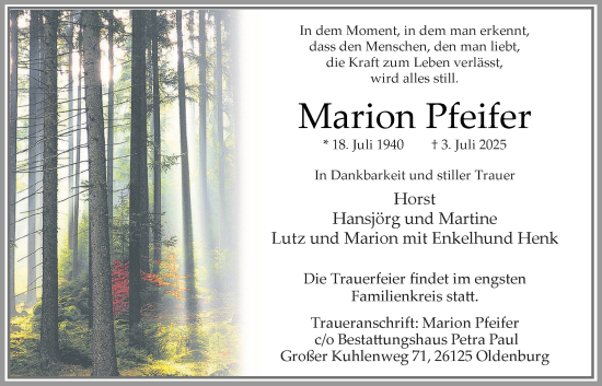 Traueranzeige von Marion Pfeifer von Nordwest-Zeitung