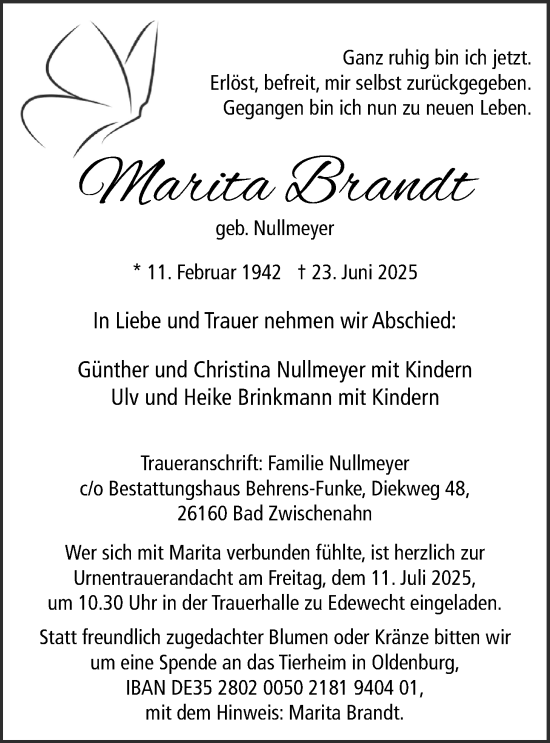 Traueranzeige von Marita Brandt von Nordwest-Zeitung
