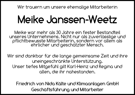 Traueranzeige von Meike Janssen-Weetz von Nordwest-Zeitung