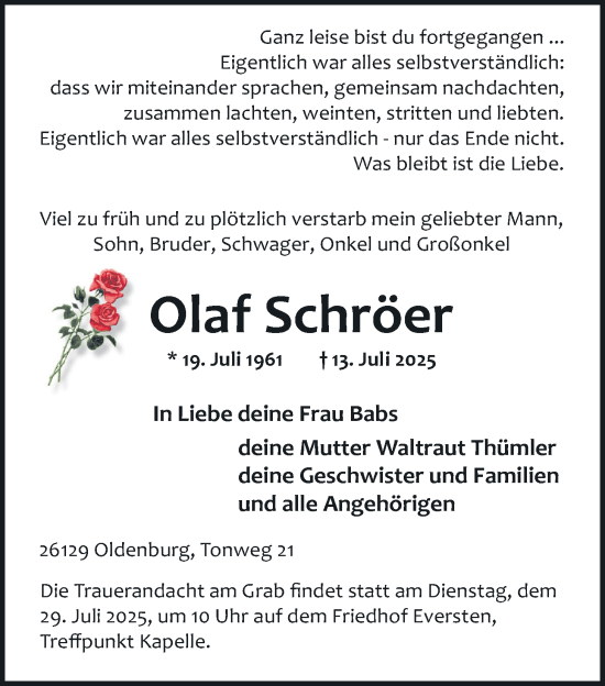 Traueranzeige von Olaf Schröer von Nordwest-Zeitung