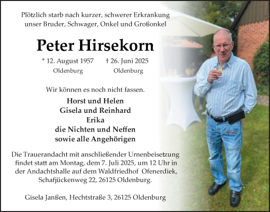 Traueranzeige von Peter Hirsekorn von Nordwest-Zeitung