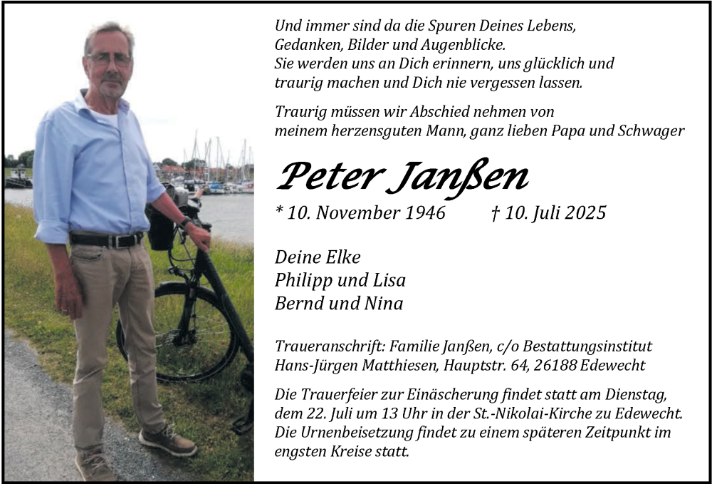 Traueranzeige für Peter Janßen vom 17.07.2025 aus Nordwest-Zeitung