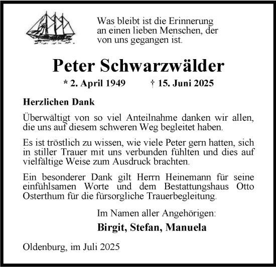 Traueranzeige von Peter Schwarzwälder von Nordwest-Zeitung
