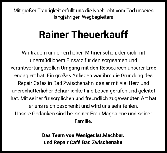 Traueranzeige von Rainer Theuerkauff von Nordwest-Zeitung