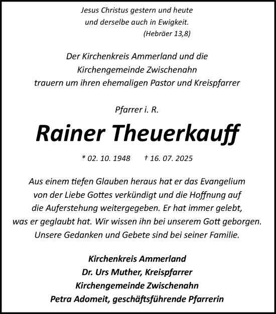 Traueranzeige von Rainer Theuerkauff von Nordwest-Zeitung