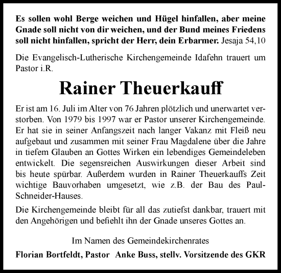 Traueranzeige von Rainer Theuerkauff von Nordwest-Zeitung