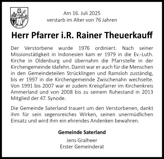 Traueranzeige von Rainer Theuerkauff von Nordwest-Zeitung