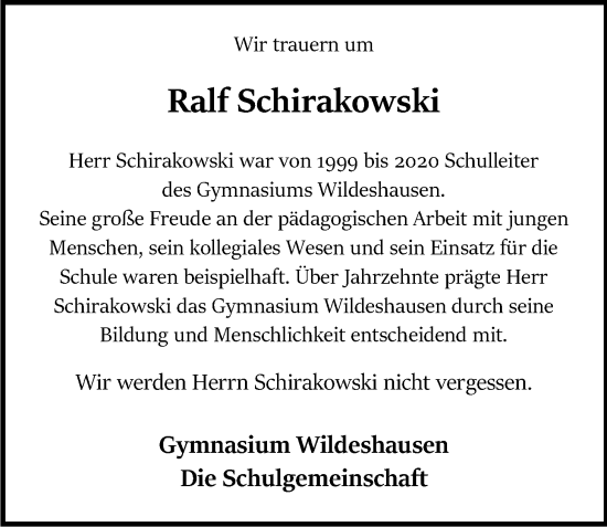 Traueranzeige von Ralf Schirakowski von Nordwest-Zeitung