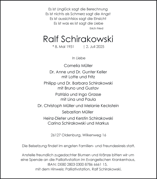 Traueranzeige von Ralf Schirakowski von Nordwest-Zeitung