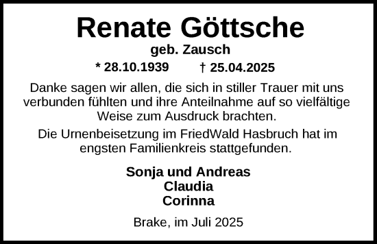 Traueranzeige von Renate Göttsche von Nordwest-Zeitung