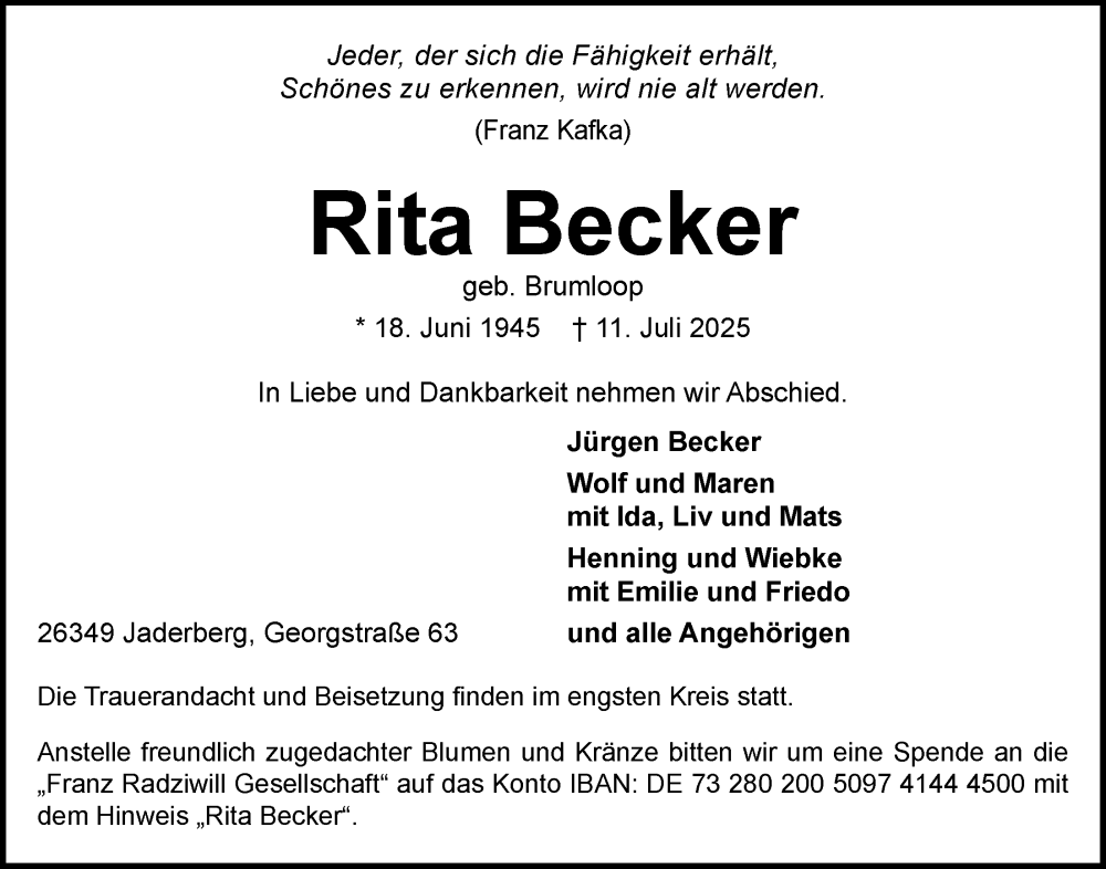  Traueranzeige für Rita Becker vom 19.07.2025 aus Nordwest-Zeitung