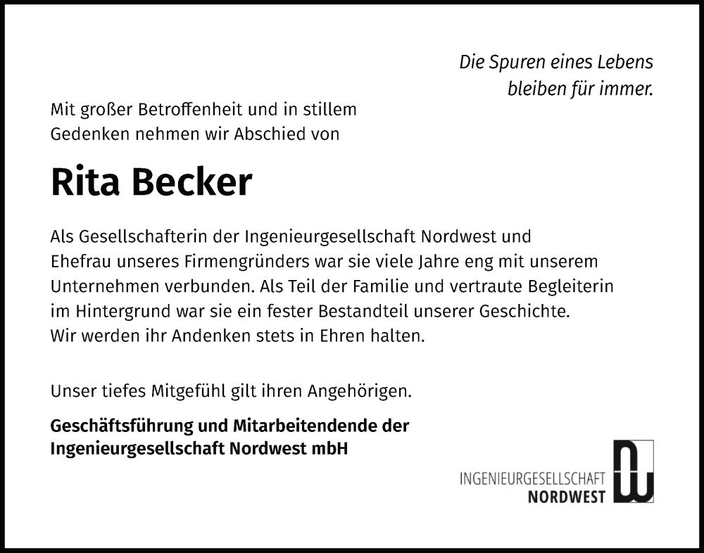  Traueranzeige für Rita Becker vom 19.07.2025 aus Nordwest-Zeitung