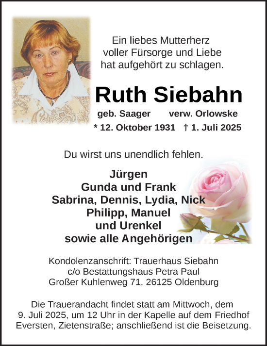 Traueranzeige von Ruth Siebahn von Nordwest-Zeitung
