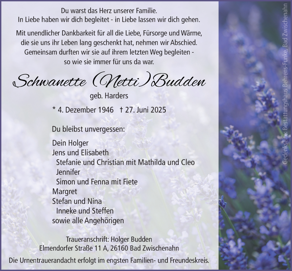  Traueranzeige für Schwanette Budden vom 05.07.2025 aus Nordwest-Zeitung