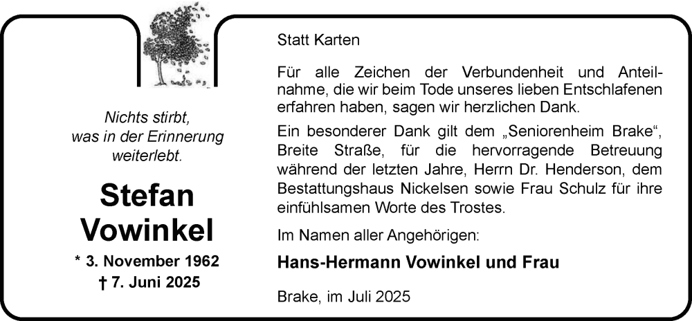  Traueranzeige für Stefan Vowinkel vom 11.07.2025 aus Nordwest-Zeitung
