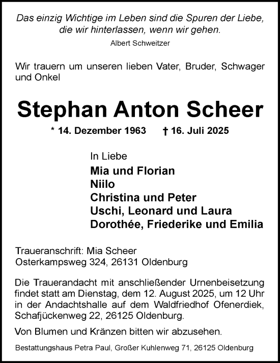 Traueranzeige von Stephan Anton Scheer von Nordwest-Zeitung