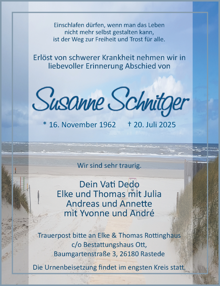  Traueranzeige für Susanne Schnitger vom 26.07.2025 aus Nordwest-Zeitung