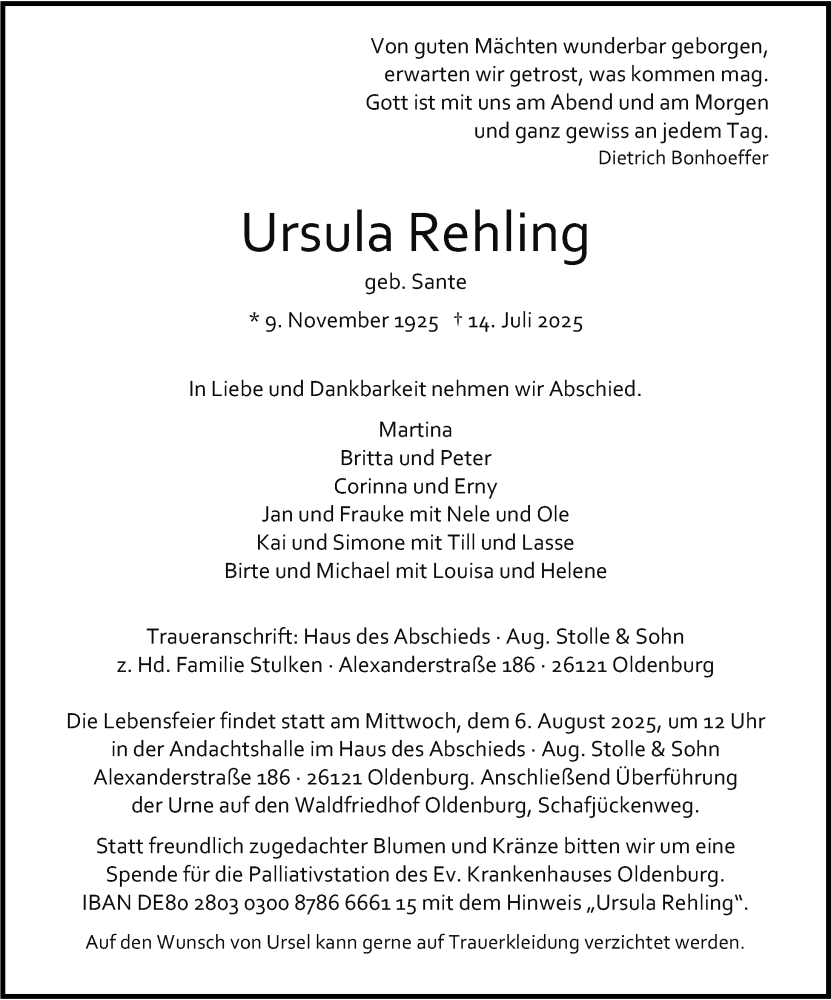  Traueranzeige für Ursula Rehling vom 26.07.2025 aus Nordwest-Zeitung