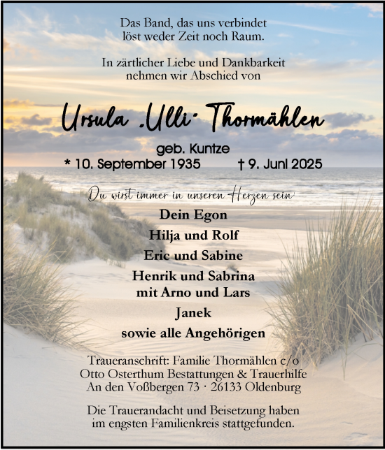 Traueranzeige von Ursula Thormählen von Nordwest-Zeitung