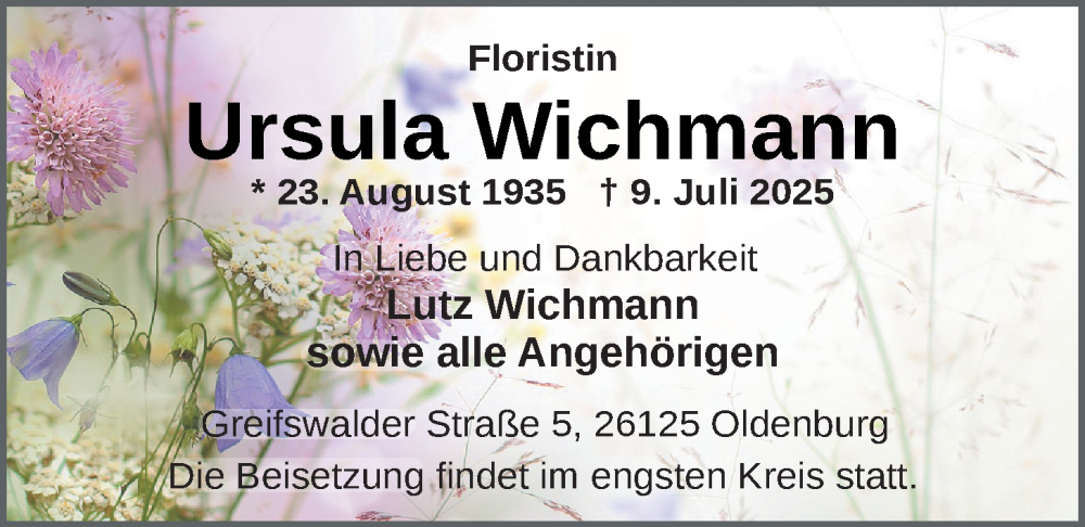  Traueranzeige für Ursula Wichmann vom 19.07.2025 aus Nordwest-Zeitung