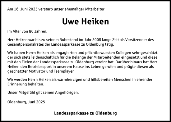 Traueranzeige von Uwe Heiken von Nordwest-Zeitung