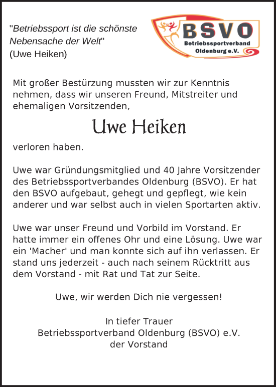 Traueranzeige von Uwe Heiken von Nordwest-Zeitung