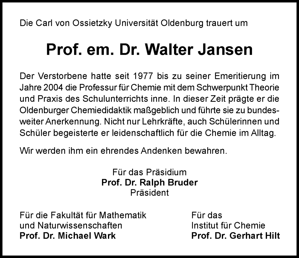  Traueranzeige für Walter Jansen vom 19.07.2025 aus Nordwest-Zeitung