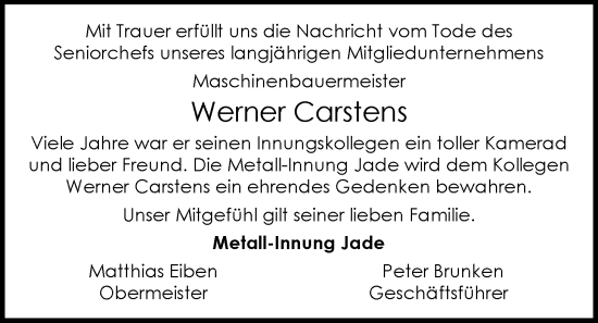 Traueranzeige von Werner Carstens von Nordwest-Zeitung