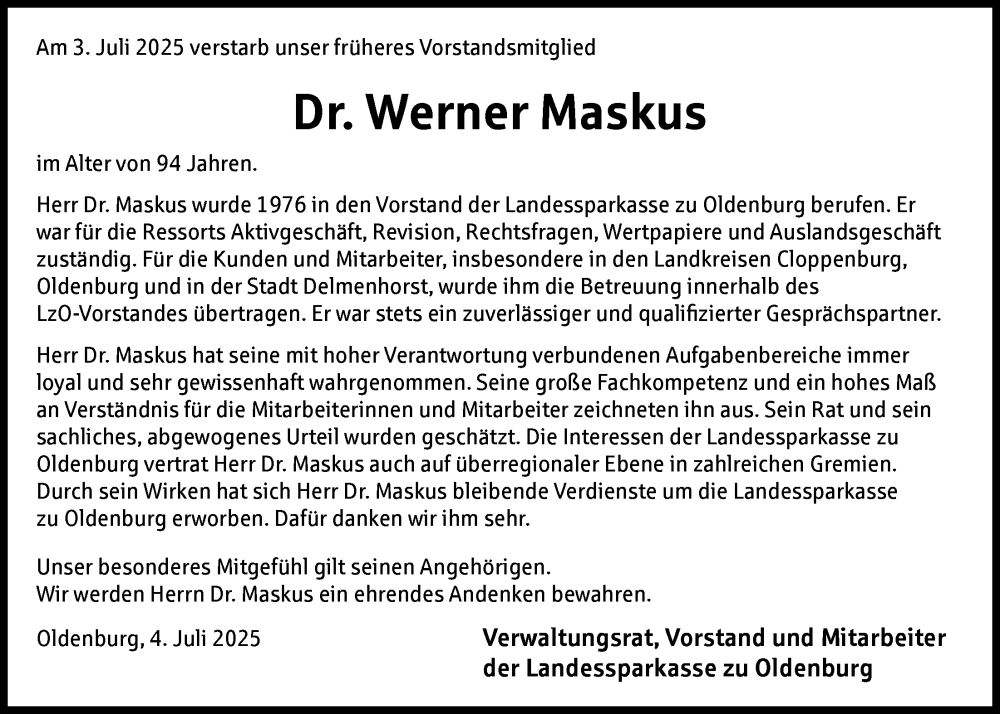  Traueranzeige für Werner Maskus vom 19.07.2025 aus Nordwest-Zeitung